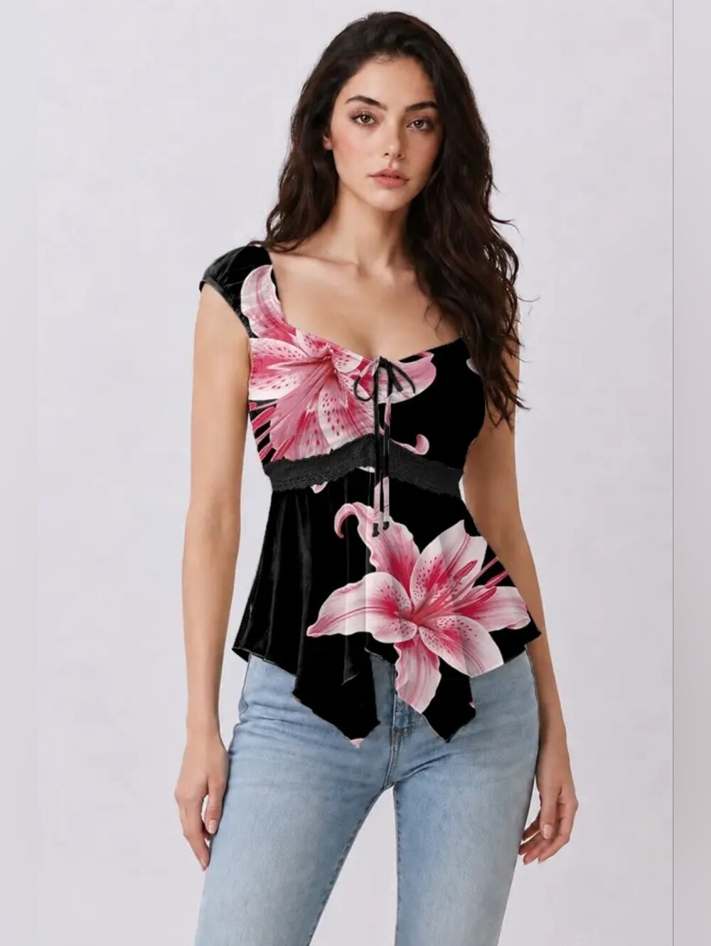 Heart & Hips Black Camisole with Pink Lily Print